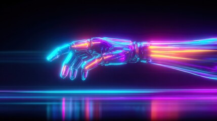 Fototapeta premium A neon-lit robotic hand reaching out, a vivid representation of technology and the future.