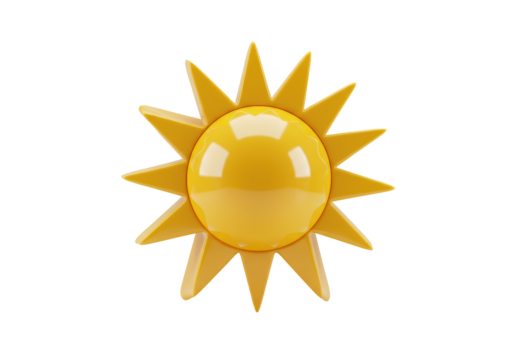 Isolated sun symbol with sunlight, warm weather, hot temperature in a 3D rendering design