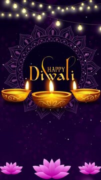 Diwali Background with Golden Lamps, Rangoli and Glowing Particles on Festive Bokeh Lights. Diwali, Deepavali, festival of lights, Indian celebration.