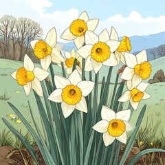 A cluster of daffodils in a spring meadow, showcasing vibrant white petals and bright yellow centers against a serene backdrop of rolling hills.