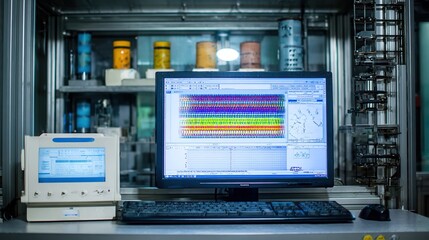 Obraz premium X - ray diffractometer irradiating protein crystal samples in the laboratory, diffraction patterns displayed on the computer screen, experimental record board beside, background is metal lab rack