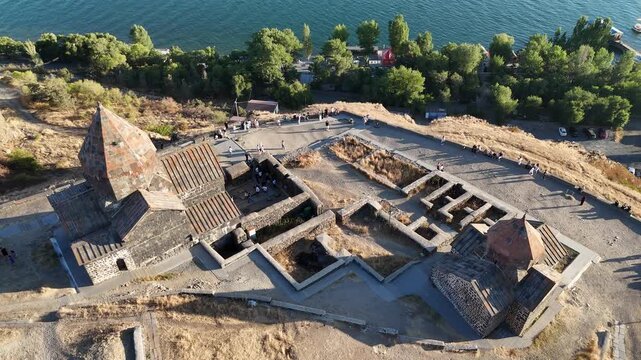 Aerial View of Lake Sevan Armenia &ndash; Mountains, Church, Waves, and Peninsula