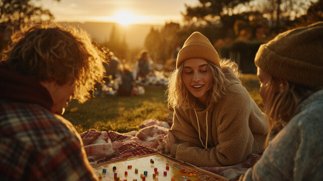 Young adults enjoy a sunset picnic while playing games on a blanket in nature