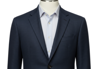 Isolated navy business suit on display ready to wear with a blue dress shirt on mannequin