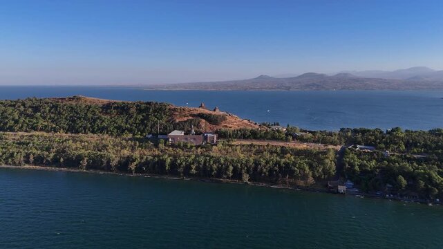 Aerial View of Lake Sevan Armenia &ndash; Mountains, Church, Waves, and Peninsula