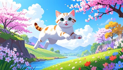 A joyful kitten leaps through a vibrant spring landscape dotted with colorful flowers and cherry blossoms.