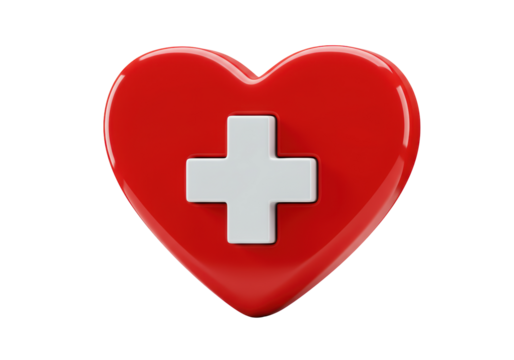 Isolated shiny red heart with white cross symbol for medicine, healthcare, insurance, and charity
