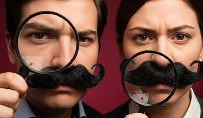 Two people's faces are partially obscured as they hold up magnifying glasses with fake mustaches, a quirky, funny, and mysterious detective-themed portrait.