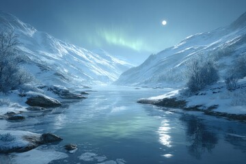 Fototapeta premium Frozen mountain valley with icy lake under a pale sky and aurora borealis