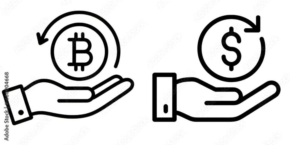 Poster hands holding bitcoin and dollar coins with circular arrow above them on transparent background
