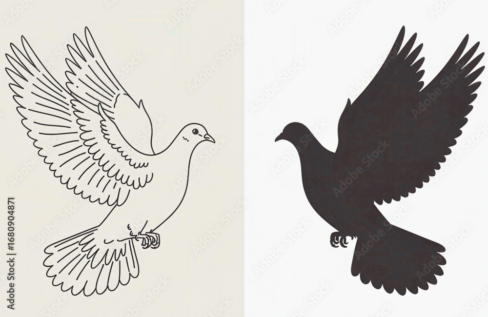 Poster outline drawing of a dove and a silhouette of a dove in flight side by side on transparent backgroun