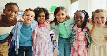 Education, portrait and students or friends in classroom together for learning, growth or...