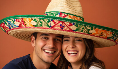 A happy, laughing couple wears a large, colorful sombrero together, a fun and playful portrait celebrating Mexican culture or a festive party.