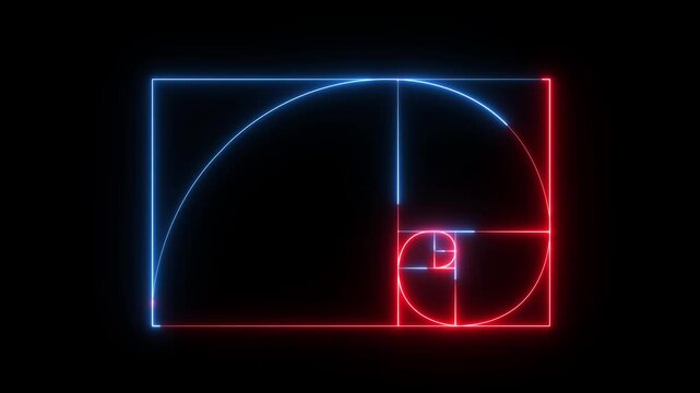 glowing neon Golden Ratio Fibonacci sequence golden number icon on  black background. Golden ratio transparent video. neon Fibonacci spiral golden ratio icon. 4k motion video.