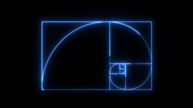 glowing neon Golden Ratio Fibonacci sequence golden number icon on  black background. Golden ratio transparent video. neon Fibonacci spiral golden ratio icon. 4k motion video.