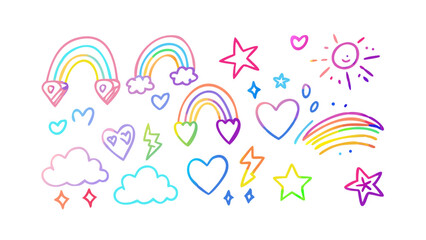 Rainbows hearts stars sun lightning clouds vector