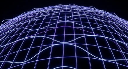 Luminous blue and purple wireframe grid with undulating digital waves on a black background.