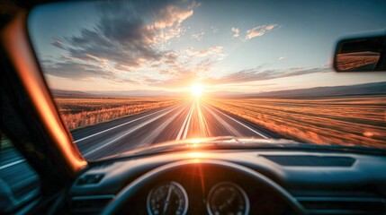 Obraz premium A car driving towards the vibrant sunset on a long, open road, creating a feeling of freedom.