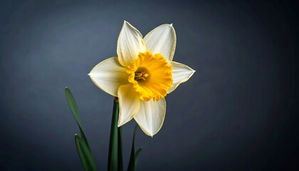 A single, elegant daffodil blooms brightly against a muted gray background, showcasing its delicate white petals and vibrant yellow center.