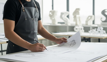A close-up of a designer or architect's hands, wearing a clean apron, carefully drawing or sketching a design with a pencil on a large sheet of paper.