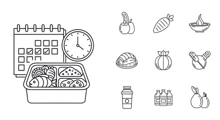 Meal planning with lunch box, calendar and clock icons.