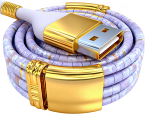 A coiled usb cable with gold accents isolated on transparent background