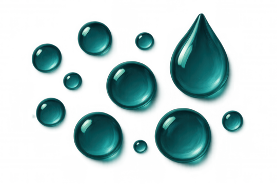 Transparent turquoise water droplets varying in size, scattered across checkered background, representing liquid purity and freshness