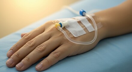 Close up of a patient s hand with an iv drip attached