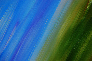 Bright blue and green hand drawn diagonal lines, gradient. Abstract striped watercolor background.