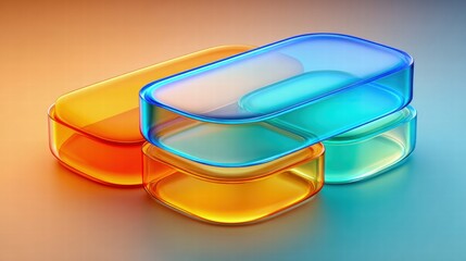 Vibrant abstract composition of colorful, translucent geometric shapes with a gradient background.
