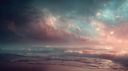 Surreal Ocean Waves Beneath a Cosmic Sky