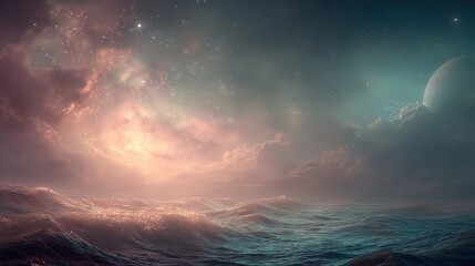 Surreal Ocean Waves Beneath a Cosmic Sky