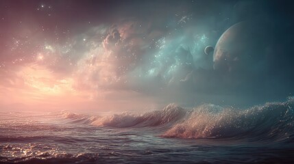 Surreal Ocean Waves Beneath a Cosmic Sky