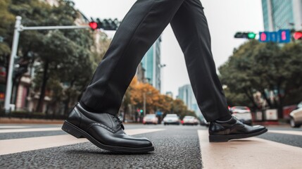  A office worker wearing polished black leather shoes, walking on a zebra crossing