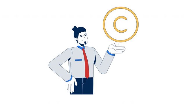 Copyright law 2D animation. Intellectual property protection. Male lawyer advocate counseling about creative rights animated character cartoon flat concept metaphor 4K video isolated on white