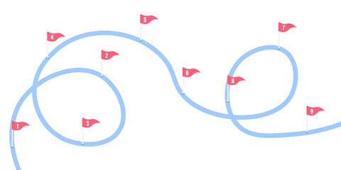 A curvy road features nine numbered flags indicating checkpoints.