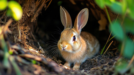 Fototapeta premium A rabbit peeking out of a small hideaway, looking adorable with its long ears.