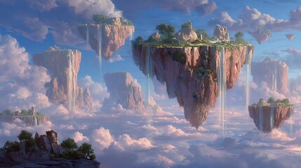 Majestic Floating Islands with Waterfalls in the Clouds