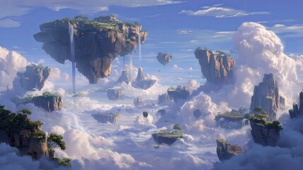Majestic Floating Islands with Waterfalls in the Clouds