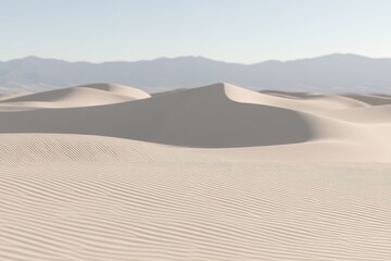 Vast expanse of pale sand dunes under a pale sky, distant mountains