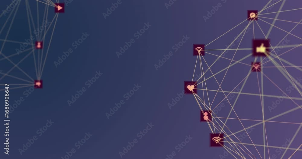 Poster animation of network of connections with icons over violet background