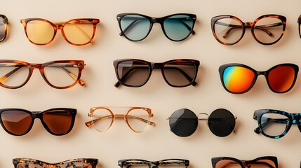 Various eyeglasses and sunglasses are arranged neatly on a neutral backdrop, offering a diverse selection.