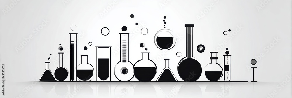 Poster artistic arrangement of laboratory glassware showcasing various shapes and sizes filled with liquids
