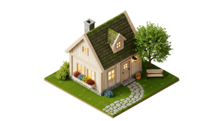 cozy isometric cottage dreamy wooden home, lush garden, and serene stone path, isolated on transparent background