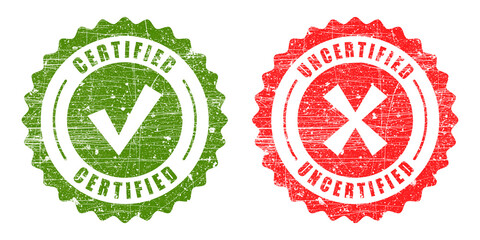 Two grunge rubber stamps, one green certified with checkmark, one red uncertified with cross, isolated on transparent background