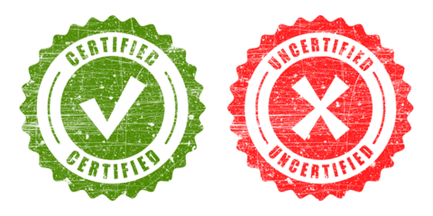 Two grunge rubber stamps, one green certified with checkmark, one red uncertified with cross, isolated on transparent background