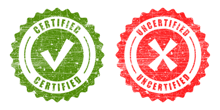 Two grunge rubber stamps, one green certified with checkmark, one red uncertified with cross, isolated on transparent background