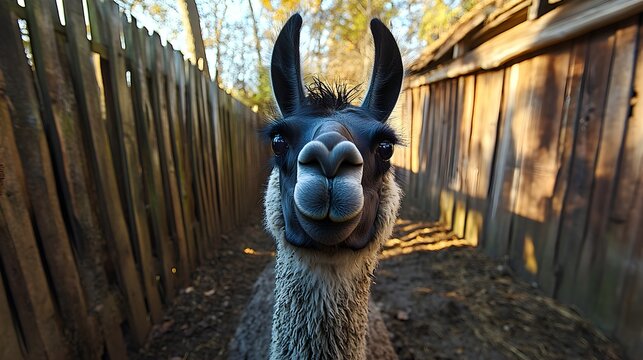 An adorable llama gazes directly at the camera, making direct eye contact with its cute face. - Powered by Adobe