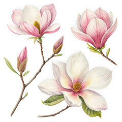 Fototapeta premium Delicate pink magnolia blossoms blooming on a dark canvas transparent background