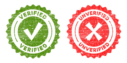 Two grunge rubber stamps, one green verified with checkmark and one red unverified with cross mark,...